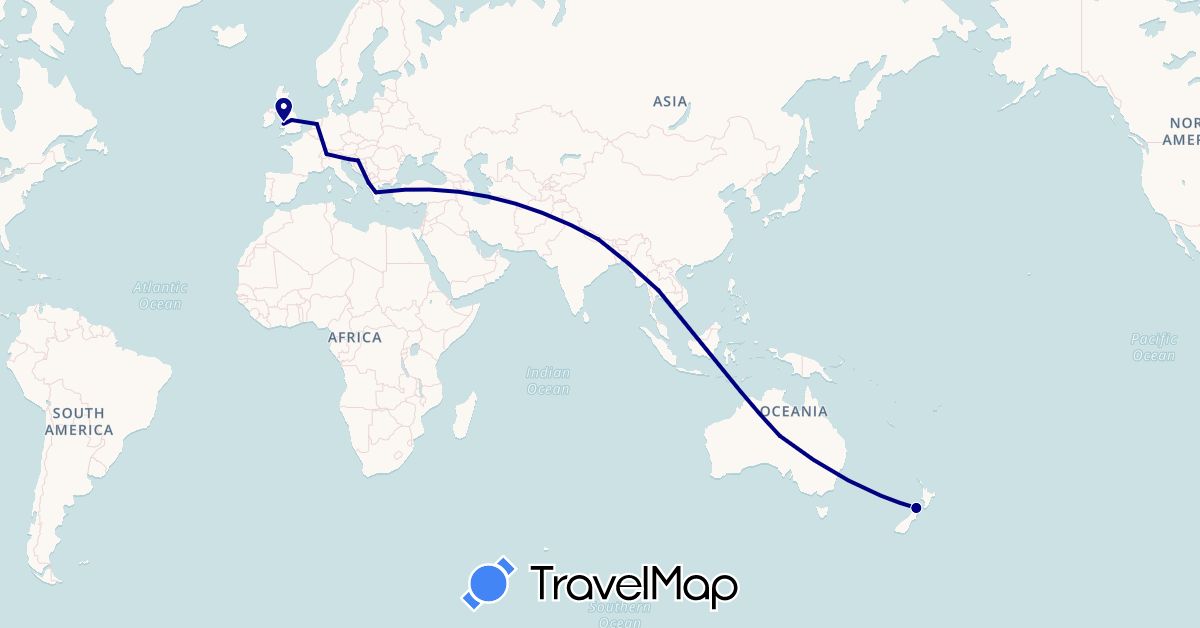 TravelMap itinerary: driving in Albania, Australia, Switzerland, United Kingdom, Greece, Croatia, Netherlands, Nepal, New Zealand, Slovenia, Thailand (Asia, Europe, Oceania)